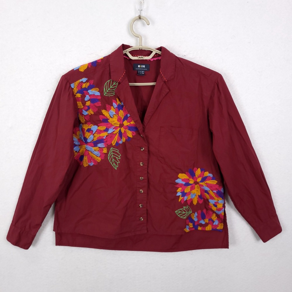 Maeve Anthropologie Wine Embroidered Floral Button Down Shirt Women 6 Boho